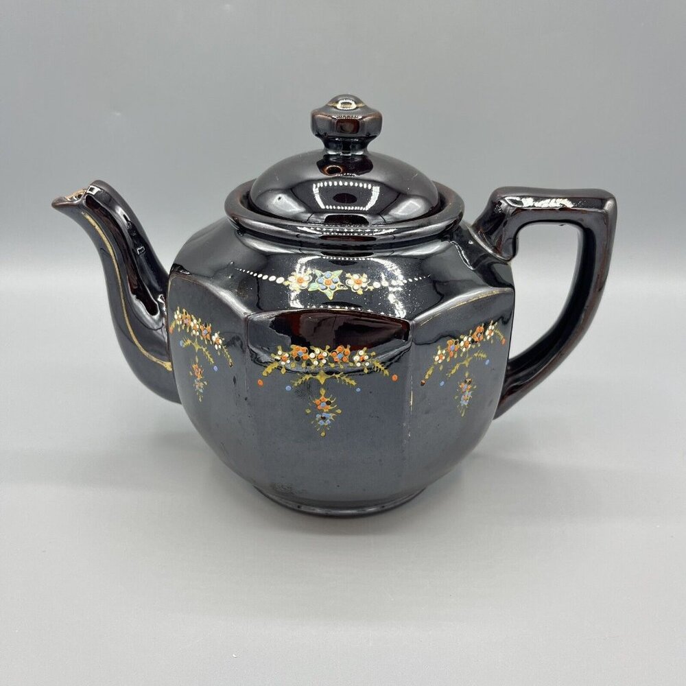 Brown Betty Redware 8-Sided Moriage Teapot Floral Enamel Hand Painted Japan - A